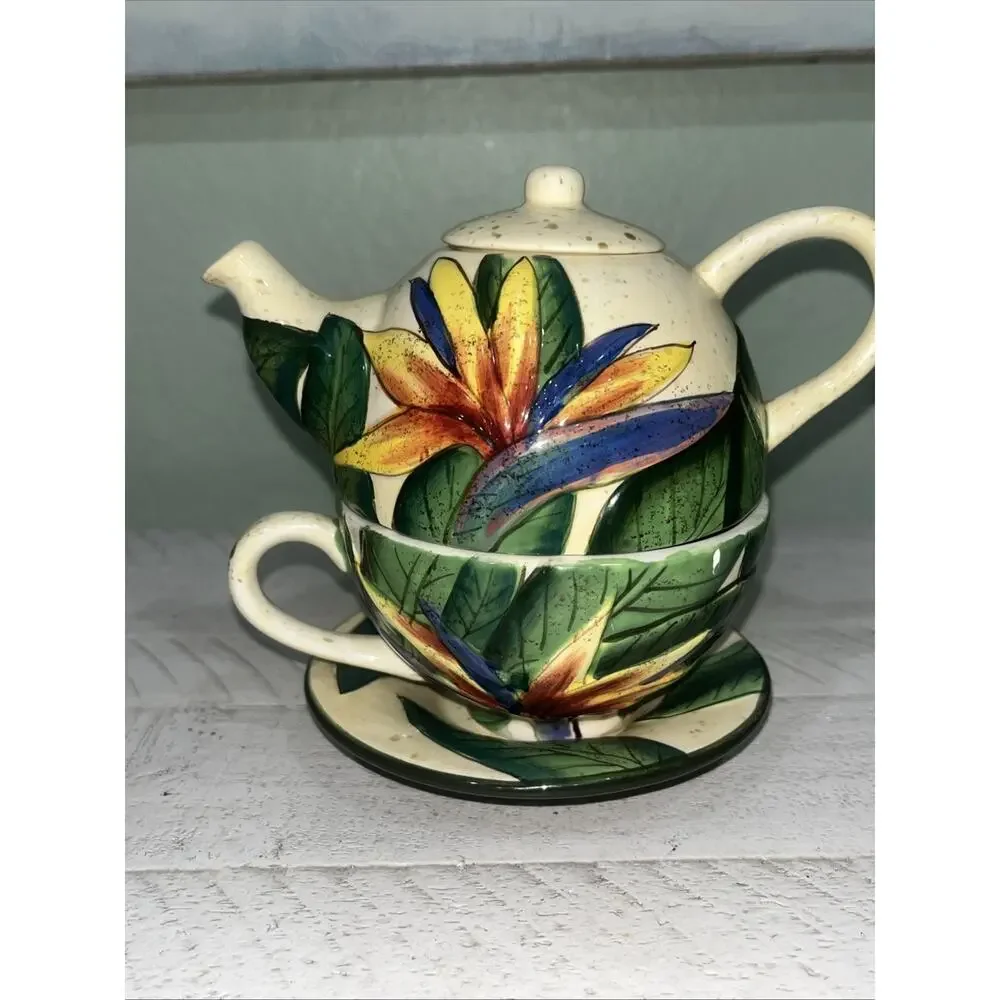 Island Plantations Hand Painted Floral Ceramic Set 8oz Teapot Cup Saucer Lid